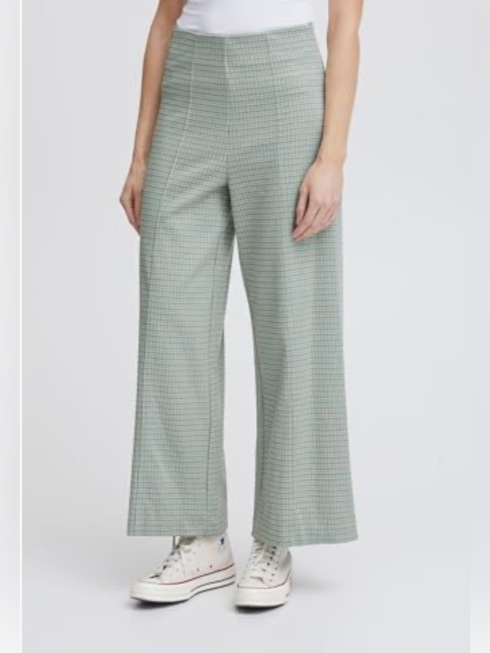 ICHI Ihkate Cameleon Wide Leg High-Rise Pants in Sage Check Size Small